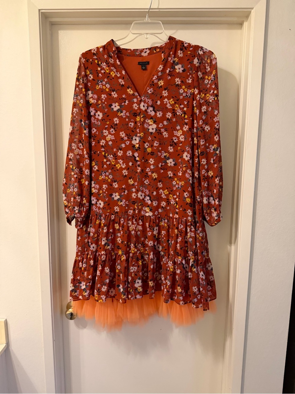 Ann Taylor Rust Floral Tiered Dress with Orange Tulle Trim